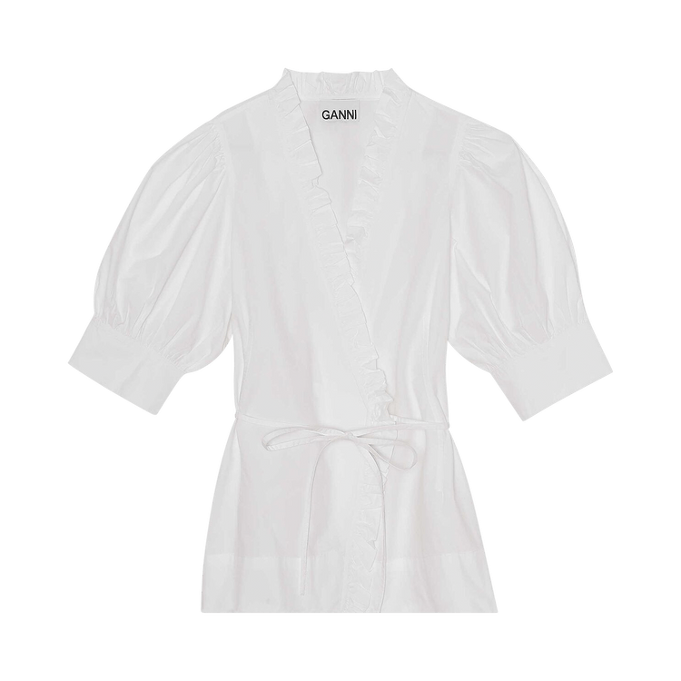 GANNI Cotton Poplin V-Neck Shirt "White"