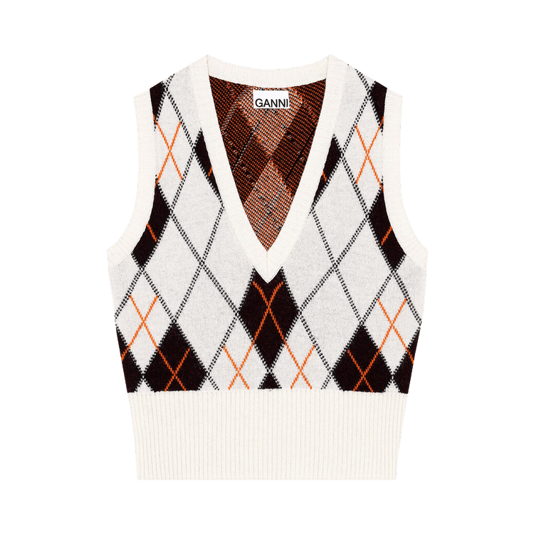 GANNI Harlequin Knit V-Neck Vest "Egret"