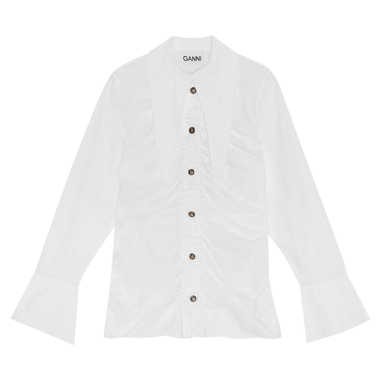 GANNI Cotton Poplin Ruched Shirt "White"