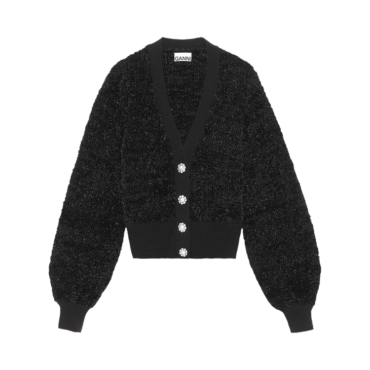 GANNI Sparkle Knit Puff-Sleeve Cardigan "Black"